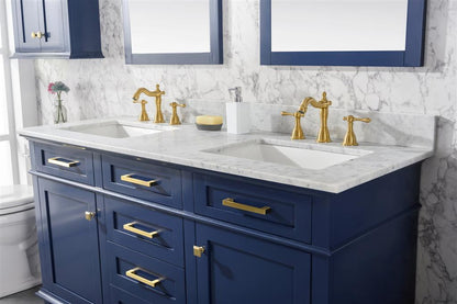 60" Haven Vanity with Double Sinks and Carrara Marble Top in Blue Finish