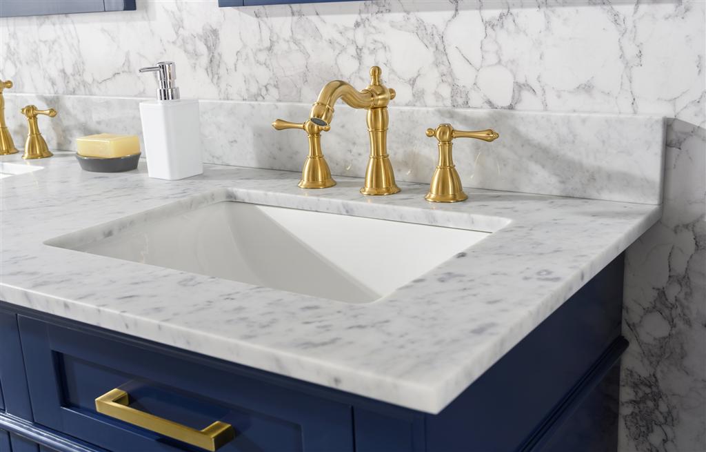 60" Haven Vanity with Double Sinks and Carrara Marble Top in Blue Finish